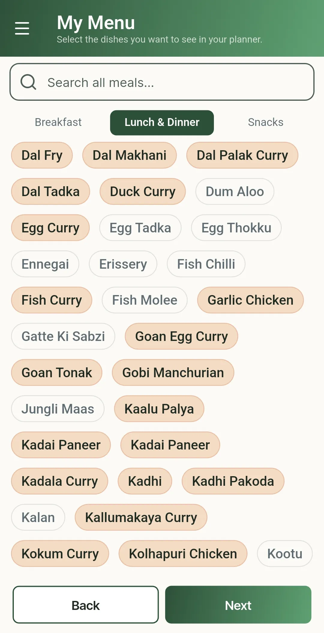 PlanNEat dish library — hundreds of home-style Indian dishes ready to tap