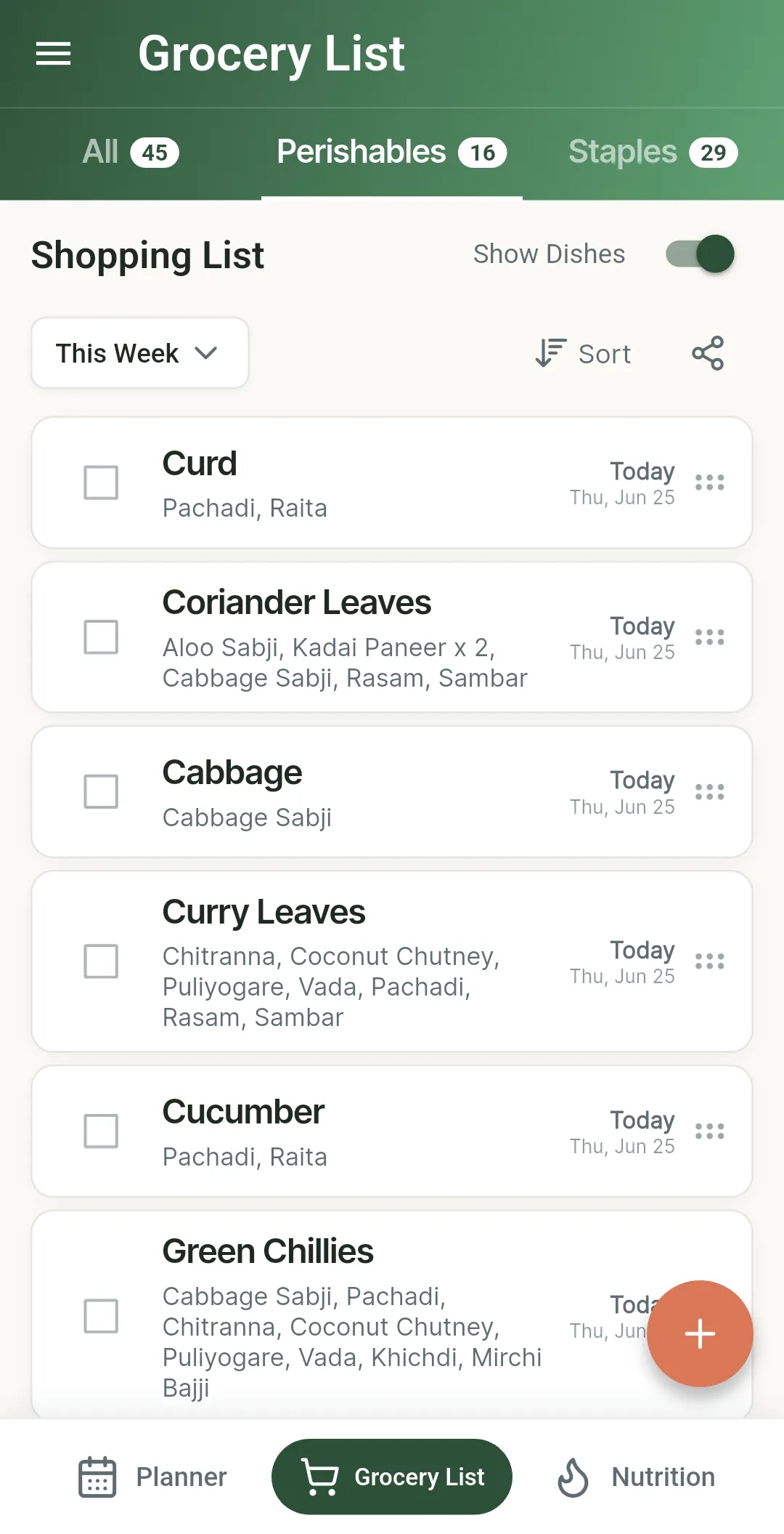 PlanNEat auto-generated weekly grocery list — every ingredient appears once, mapped to each dish that needs it