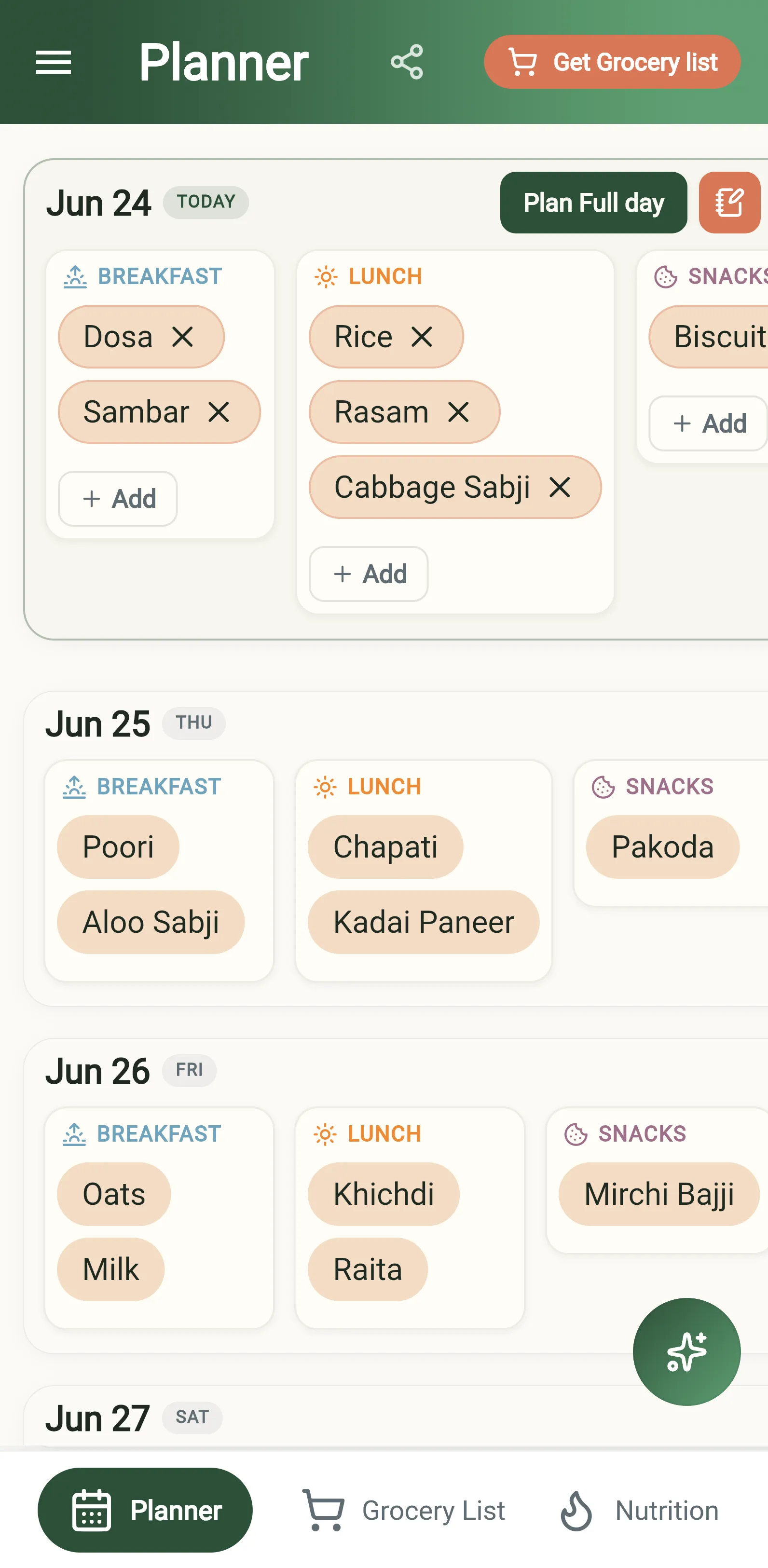 PlanNEat weekly planner showing a week of Indian meals