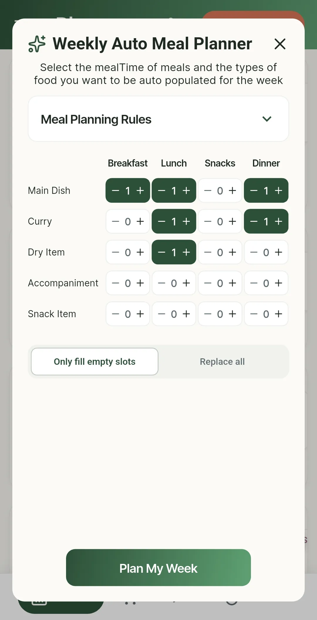 PlanNEat weekly auto meal planner — choose how many dishes of each type per meal
