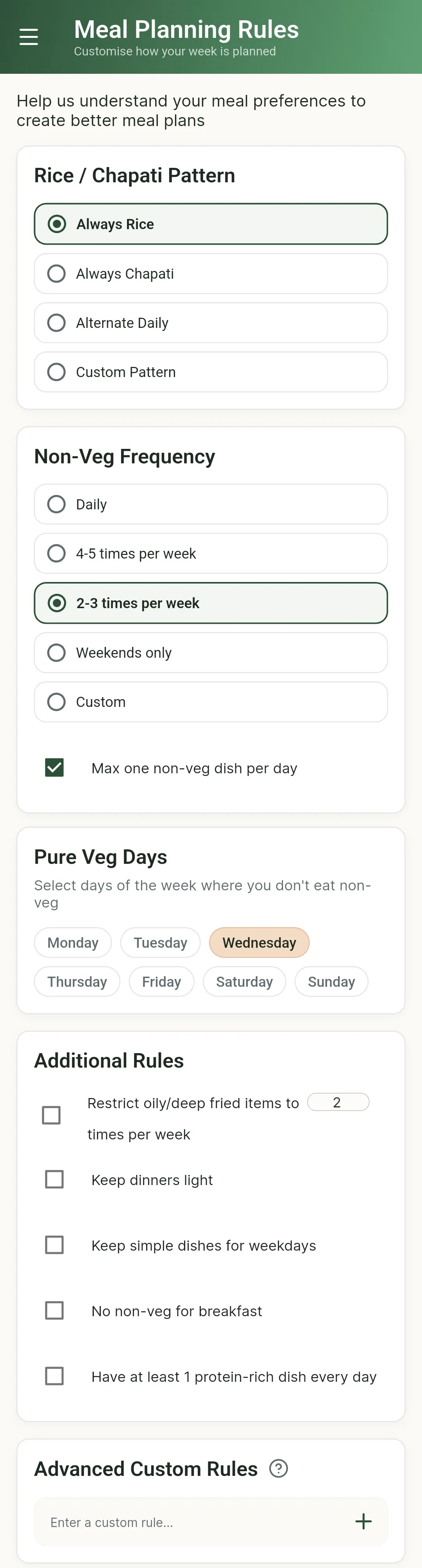 PlanNEat Meal Planning Rules — rice/chapati pattern, non-veg frequency, pure-veg days and custom rules